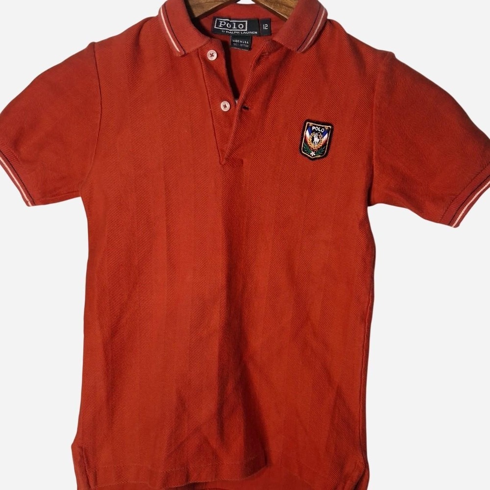 Boys Polo Ralph Lauren red polo shirt with white trim on collar and sleeve cuffs